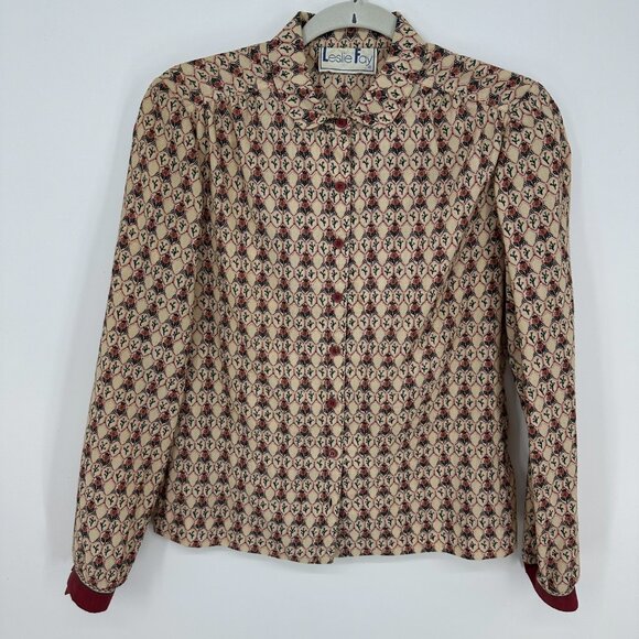 3/$25 Vintage Boho Floral Button Down Shirt Top MP Peter Pan Collar Rose Red Tan - Picture 1 of 6